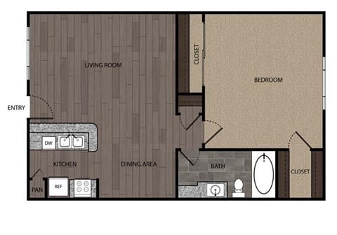 Floor plan for 1 bed, 1 bath, 650 sqft